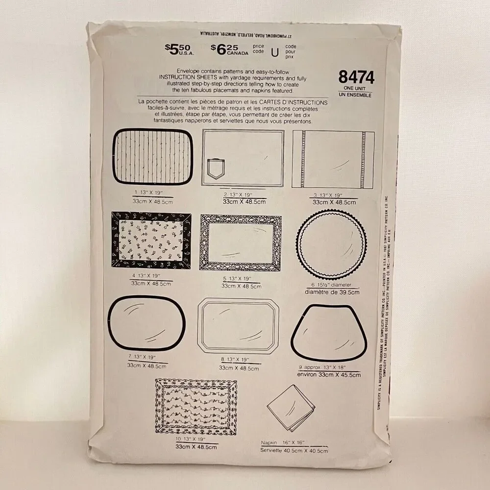 #8474 Simplicity House Placemats Sewing Pattern